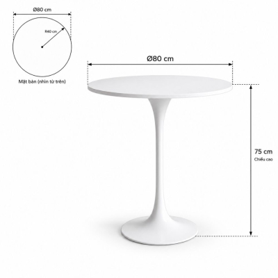 Bàn Tulip 75cm - Trắng; Ø80cm