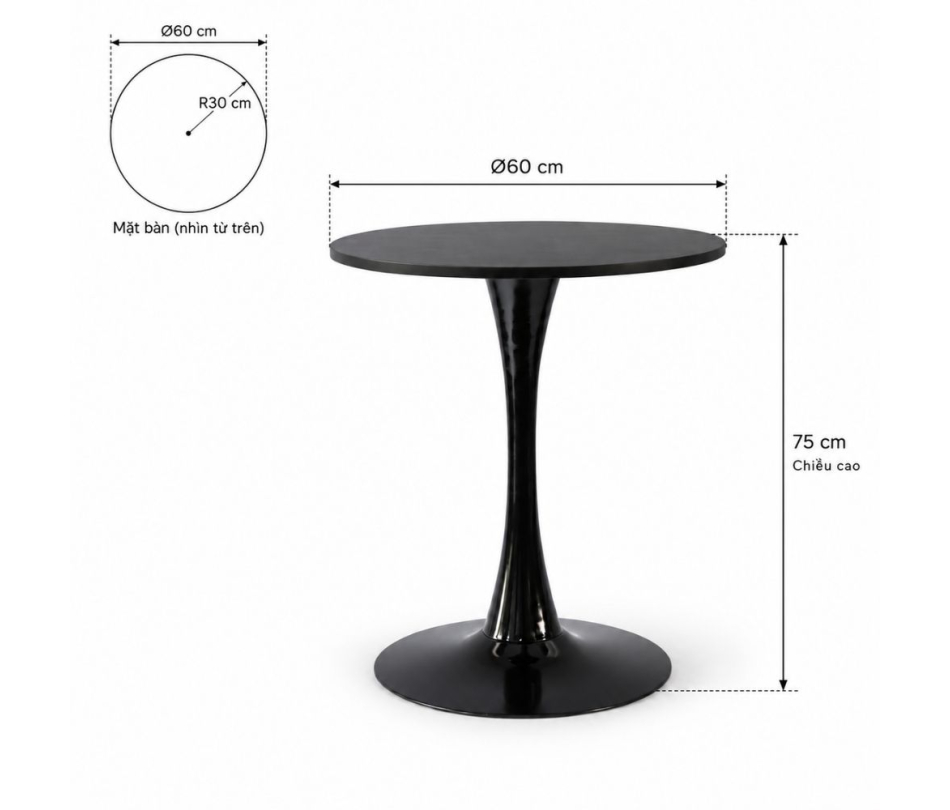 Bàn Tulip 75cm - Đen; Ø60cm