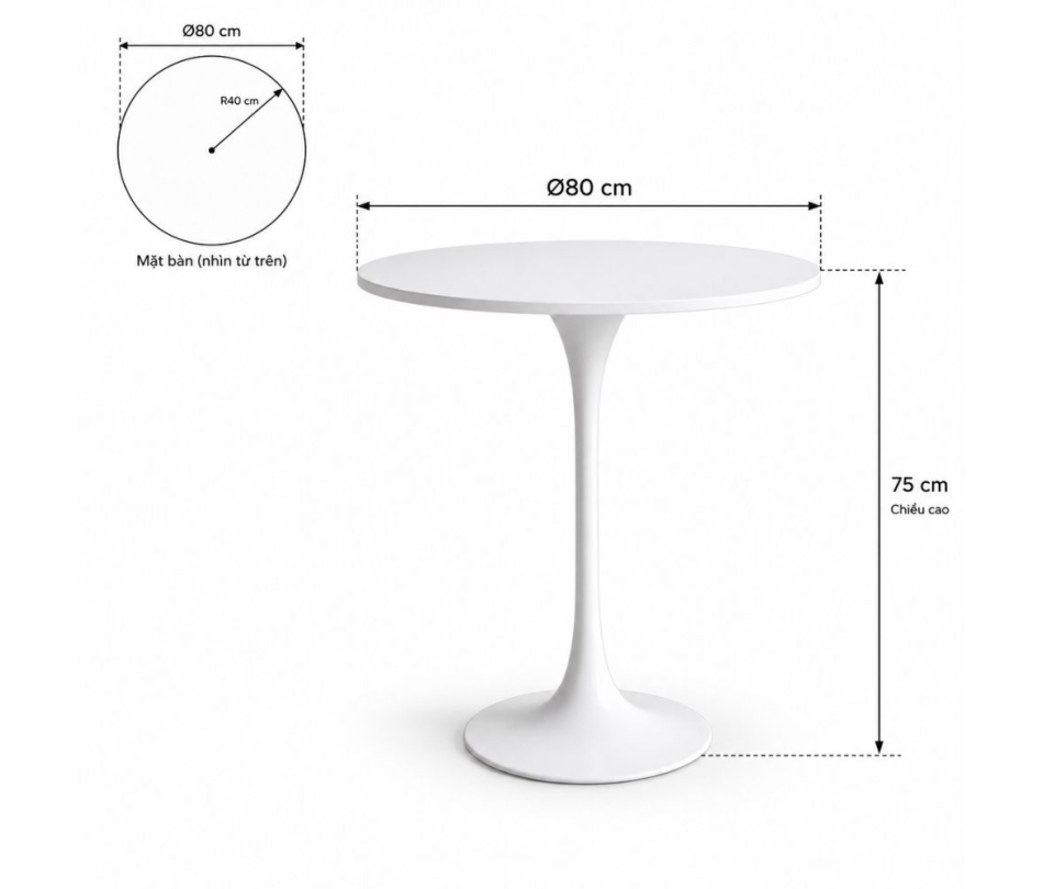 Bàn Tulip 75cm - Trắng; Ø80cm