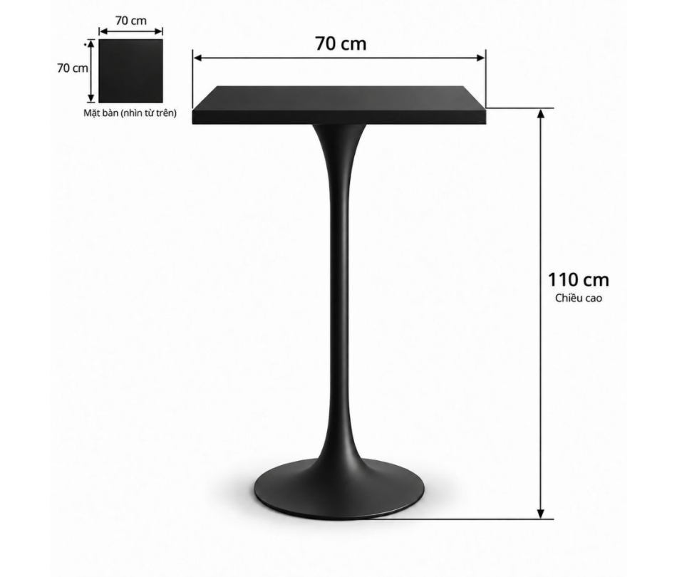 Bàn Bar Tulip Vuông 110cm - Đen 70x70cm