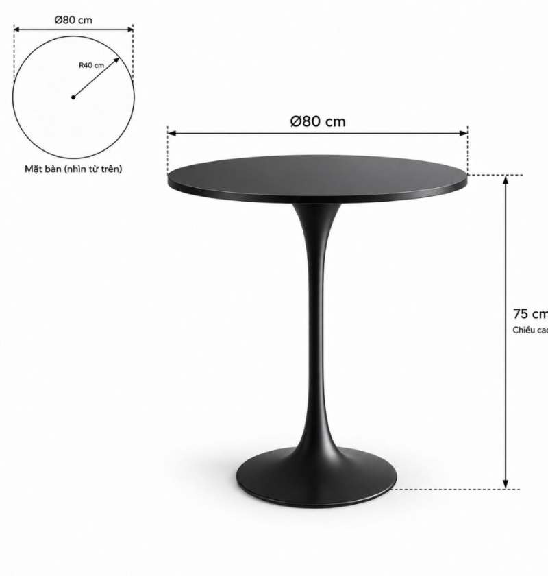 Bàn Tulip 75cm - Đen; Ø80cm